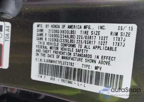 2015 Honda Cr-V Ex-L from USA, damaged, VIN 5J6RM4H77FL073792